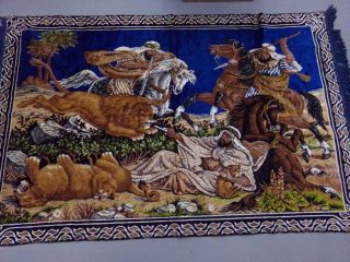 Large Vintage Hanging Rug Tapestry With Hunting Lions Scene 48x78 "