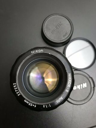 Nikon Nikkor - S Auto 55mm F/1.  2 1.  2/55 Fast Vintage Prime Lens With Caps 2