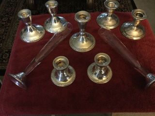 Three Pairs Plus One Sterling Silver Candlesticks With Two Bud Vases