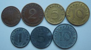 Third Reich 1,  2,  5,  10 Bronze Reichspfening,  1,  5,  10 Zink Reichpf.  1937 - 1942