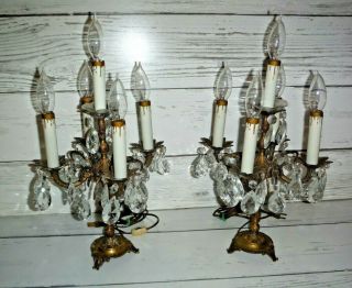 Candelabra Vintage Table Lamps Brass Metal Crystal Prisms 5 - Light