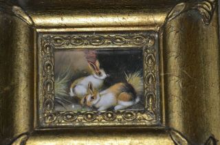 Fine Art Realistic Bunnies Rabbits Oil Painting On Board Antique Gold Wood Frame