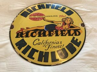 Vintage Richfield Hi Octane Gasoline Porcelain Sign,  Pin Up,  Pump Plate,  Oil