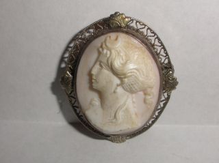 Antique Victorian Sterling Silver Pink Coral High Relief Carved Cameo Brooch