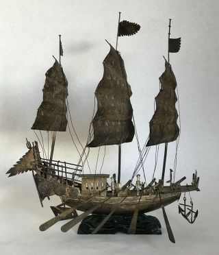 Huge Antique Chinese Silver Junk Large War Boat Sculpture 385 Grams