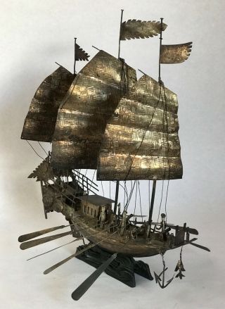 Huge Antique Chinese Silver Junk Large War Boat Sculpture 385 Grams 2