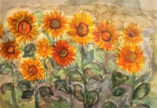 Vintage Fauvist Watercolor Painting Floral Landscape Sunflowers