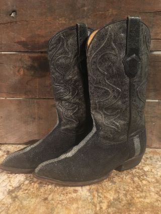 Vtg Black Exotic Leather Stingray Cowboy Boots By Wild West Boots Size 9.  5ee