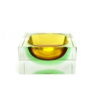 Vintage Murano Amber,  Green And Clear Sommerso Glass Small Square Block Bowl
