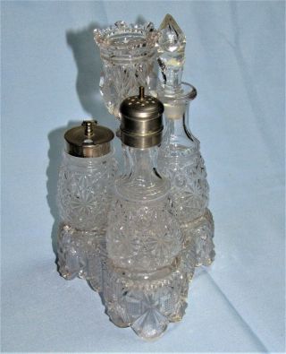 Eapg Glass Castor Cruet Condiment Set With Toothpick Holder On Top