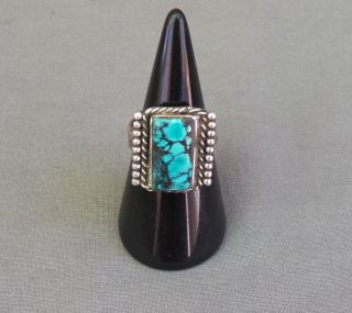 Vintage Hand Wrought Coin Silver Navajo Rectangular Turquoise Ring Unisex