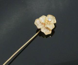 Charming Vintage 1950s/60s 14k Yellow Gold Diamond Pansy Finial Stickpin