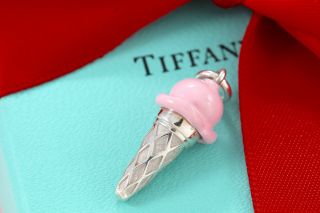 RARE Tiffany & Co.  Sterling Silver Pink Enamel Ice Cream Cone Charm Pendant 2