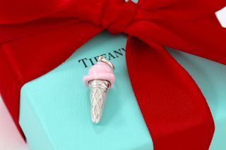 RARE Tiffany & Co.  Sterling Silver Pink Enamel Ice Cream Cone Charm Pendant 3