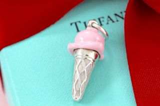 RARE Tiffany & Co.  Sterling Silver Pink Enamel Ice Cream Cone Charm Pendant 5