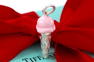 RARE Tiffany & Co.  Sterling Silver Pink Enamel Ice Cream Cone Charm Pendant 6