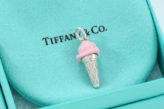 RARE Tiffany & Co.  Sterling Silver Pink Enamel Ice Cream Cone Charm Pendant 7