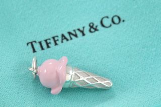 RARE Tiffany & Co.  Sterling Silver Pink Enamel Ice Cream Cone Charm Pendant 8