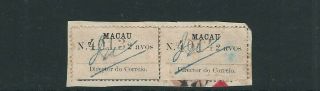 Macau 1911 Emergency Issue (scott 163 2a) 2 Stamps On Piece 
