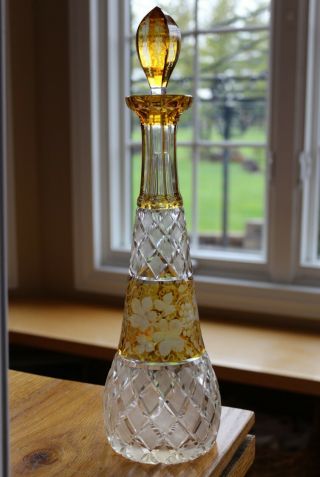 Vintage Bohemian Crystal Glass Decanter Amber Cut To Clear W/grapes & Vines