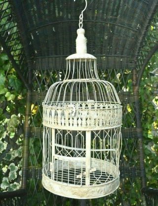 Vtg Bird Cage Metal Elephants Fern Palm Tree Borders Antique White Hanging 20 "