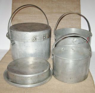 Vintage Aluminum Nesting Cookware Family Camping Rustic 3 Pots 4 Plates Rv Kit