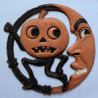 Rare 5 3/8” 1920s Vintage Halloween Scared Pumpkin Man & Moon Die Cut Germany