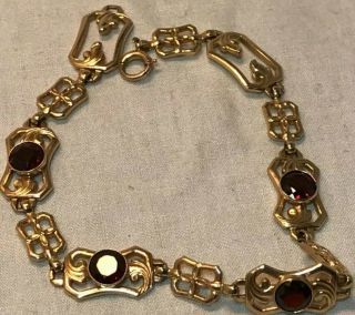 Vintage Art Deco 10k Yellow Gold 7” Four Garnet Stones Bracelet 6 Grams