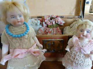 2 Antique German Miniature Bisque Dolls Wardrobe Trunk Goodies @1910 Wow