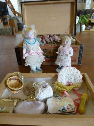 2 Antique German Miniature Bisque Dolls Wardrobe Trunk Goodies @1910 WOW 2