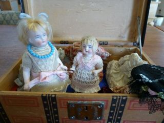 2 Antique German Miniature Bisque Dolls Wardrobe Trunk Goodies @1910 WOW 4