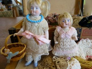 2 Antique German Miniature Bisque Dolls Wardrobe Trunk Goodies @1910 WOW 5