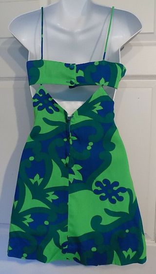 Vtg 70s Hawaiian Custom Made Cut Out Mini Dress Floppy Hat Fumis at Waikiki B34 5