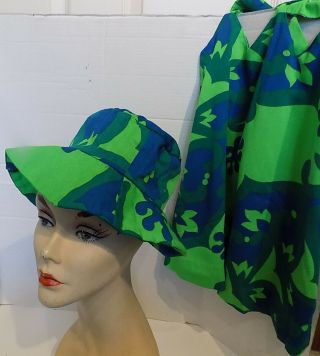 Vtg 70s Hawaiian Custom Made Cut Out Mini Dress Floppy Hat Fumis at Waikiki B34 8