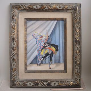 Vintage Painting Commedia dell ' Arte Harlequin Theater Stage 1950s Signed Helmers 2