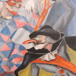 Vintage Painting Commedia dell ' Arte Harlequin Theater Stage 1950s Signed Helmers 6