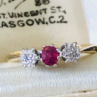 Art Deco 18ct,  18k Gold & Platinum Ruby & Diamond 3 Stone Engagement Ring,  C1930