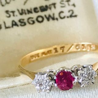 Art Deco 18ct,  18k Gold & Platinum Ruby & Diamond 3 stone engagement ring,  C1930 2