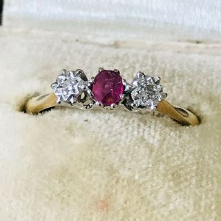 Art Deco 18ct,  18k Gold & Platinum Ruby & Diamond 3 stone engagement ring,  C1930 5