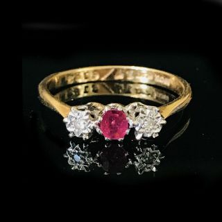 Art Deco 18ct,  18k Gold & Platinum Ruby & Diamond 3 stone engagement ring,  C1930 8