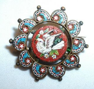 Rare Antique / Vintage Dove Bird Micro Mosaic Brooch Signed 