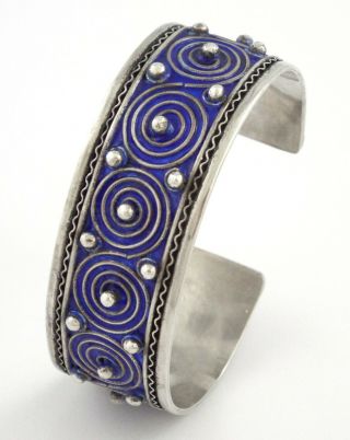 Vintage Royal Blue Enamel Sterling Silver Cuff Bracelet