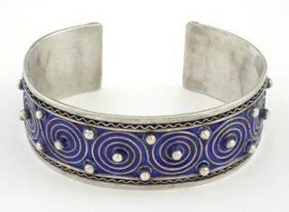 VINTAGE ROYAL BLUE ENAMEL STERLING SILVER CUFF BRACELET 3