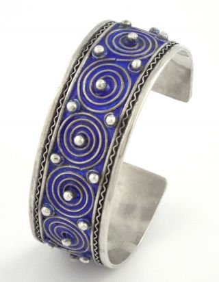 VINTAGE ROYAL BLUE ENAMEL STERLING SILVER CUFF BRACELET 7