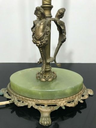 Vtg Antique Brass Art Deco Figural Green Onyx Electric Table Lamp 2