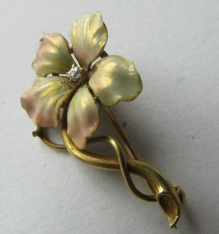 Antique Art Nouveau 14k Gold Enamel Flower Brooch Diamond 2.  6 Grams Pansy
