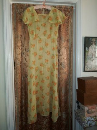 1930s Day Dress Vintage Floral Yellow Gatsby Art Deco Summer Dress Small Gown