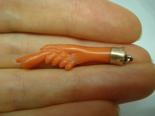 ANTIQUE VICTORIAN CARVED RED CORAL HAND PENDANT CHARM 2