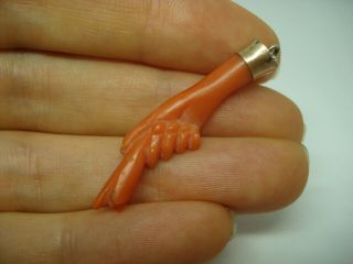ANTIQUE VICTORIAN CARVED RED CORAL HAND PENDANT CHARM 3