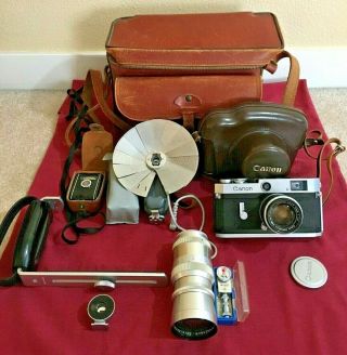 Vintage Canon P Rangefinder Camera Sn 713333 Bundle - 2 Lenses,  Case,  Bag,  Etc.